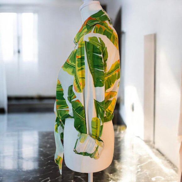 CYNTHIA ROWLEY ( MED) Hawaiian/Tropical Long Sleeve Linen Blend Waist Tie Blouse - Picture 3 of 7